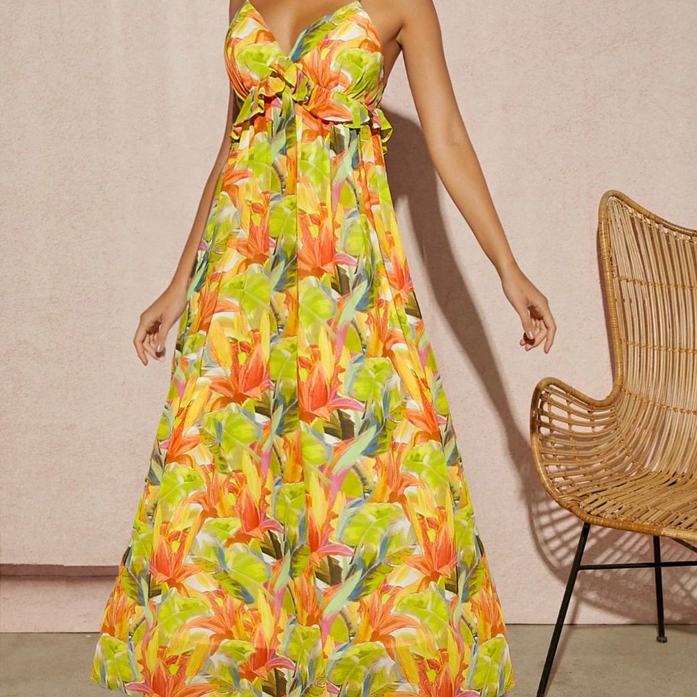 Mienne Tropical Print Backless Cami Dress